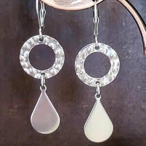 TEARDROP Hammered Circle Coin Stainless Steel Lever Back Earrings Minimalist